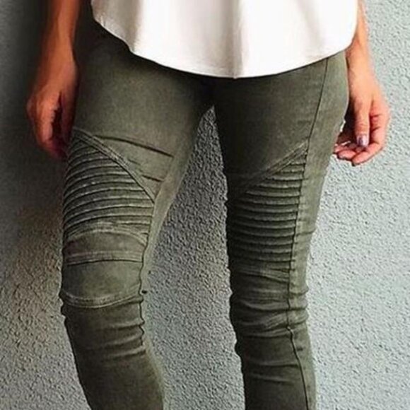 Sundance Pants - Sundance stretch cotton moto leggings in olive green, size Small
